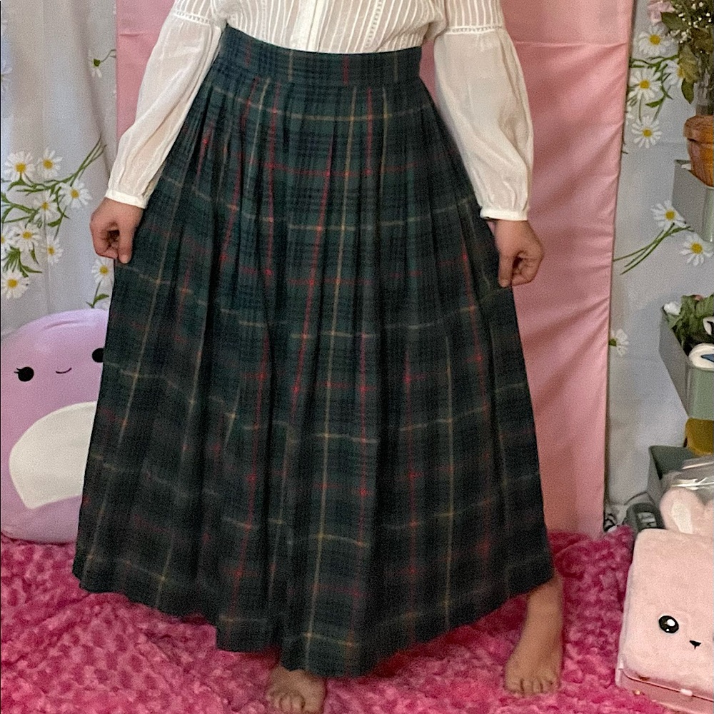 Vintage 90s pleated green red yellow plaid high waisted maxi skirt